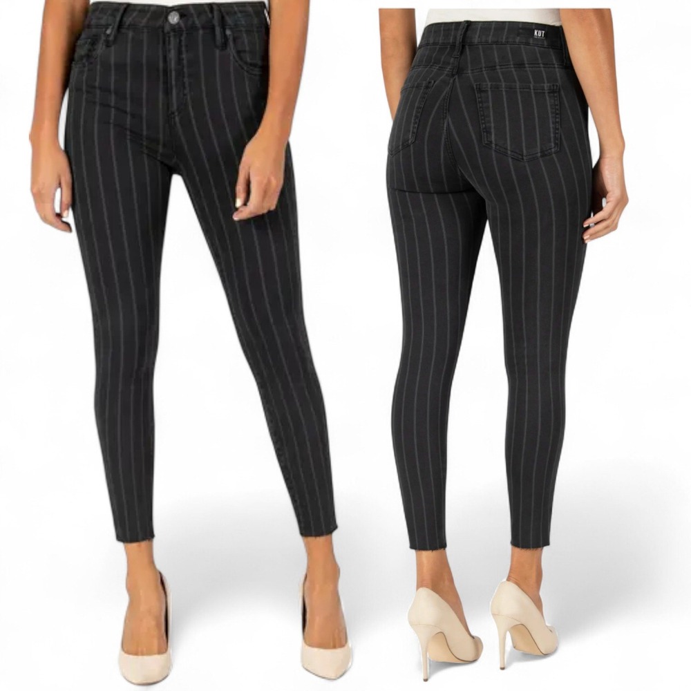 Kut From The Kloth Connie High Rise Ankle Skinny Jeans 8 Gray Pinstripe Raw Hem